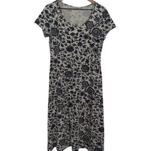 Peruvian Connection Womens Sz M Cream Navy Floral Midi Dress Soft Knit Boho